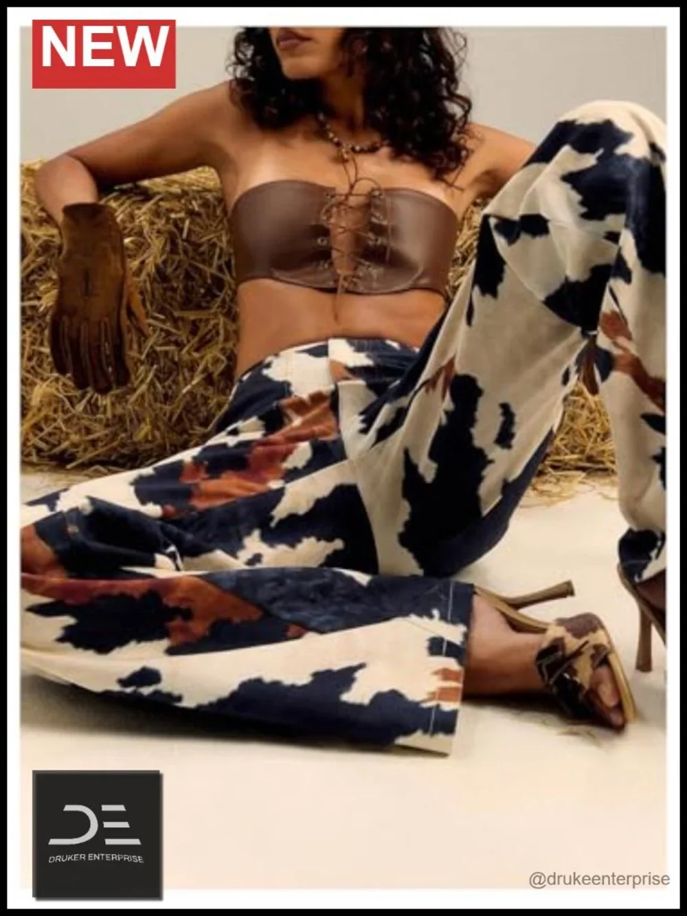 Western Cow Print Wide Leg Denim Pants Y2K Casual